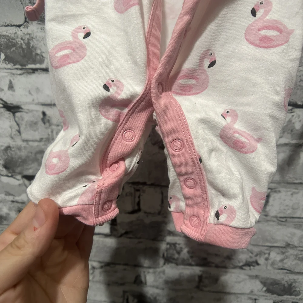 EUC Monica + Andy Pink and White Flamingo Baby Snap Up One Piece Size 0-3 Months